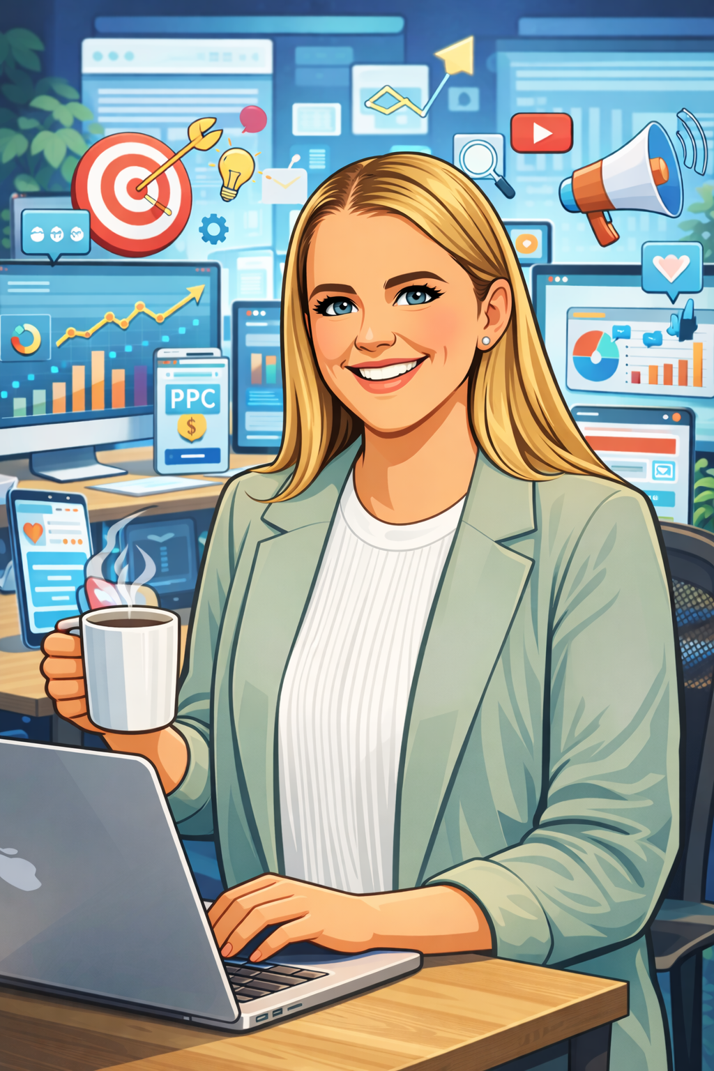 Illustration of Bianca, founder of Hype Digital, working at a laptop surrounded by marketing screens