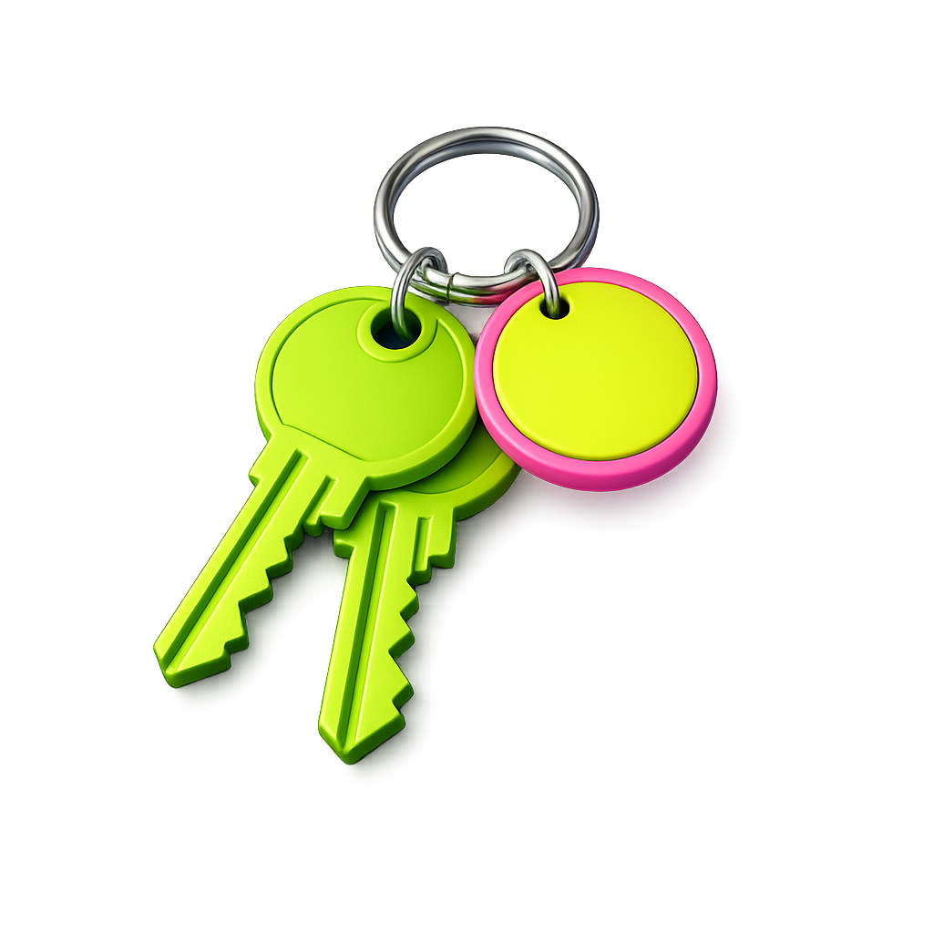 Bright green keys with a colourful keychain tag