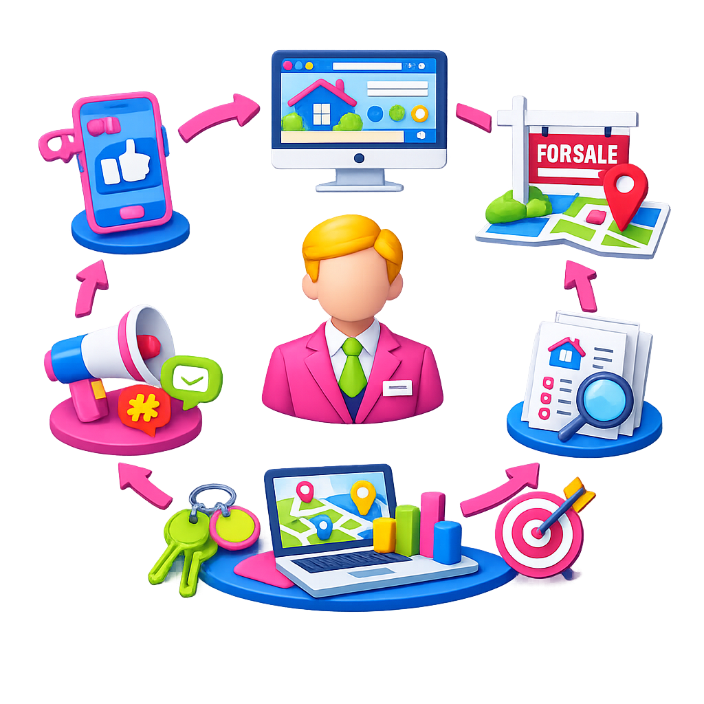 Colourful real estate agent marketing ecosystem illustration