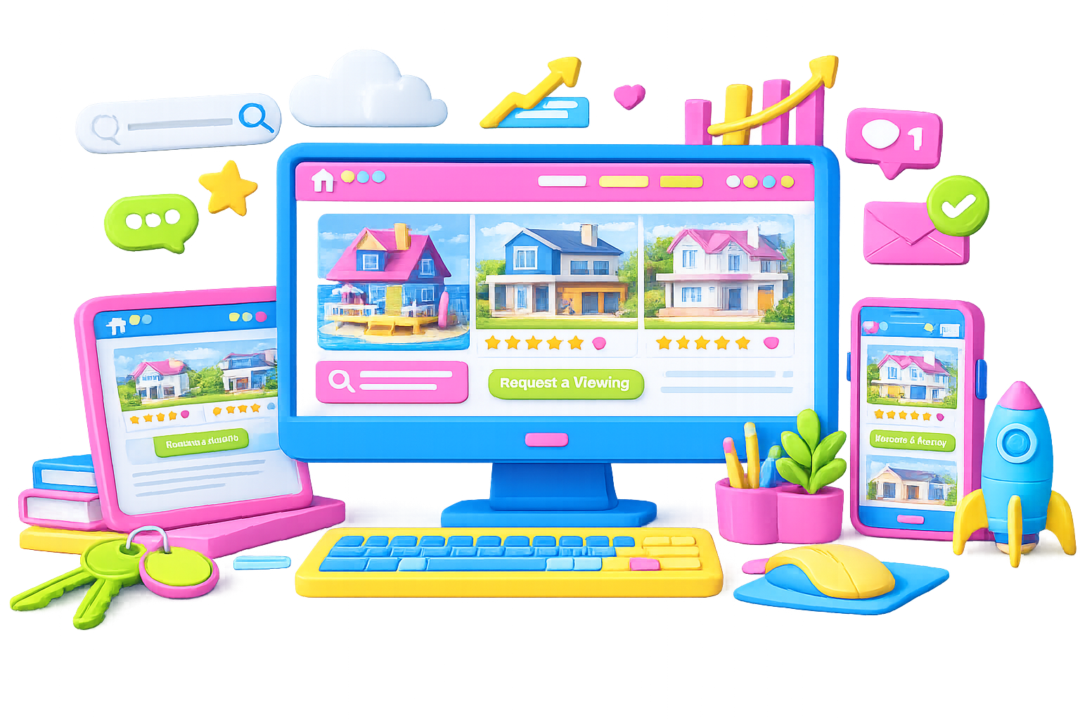 Colourful real estate website design illustration